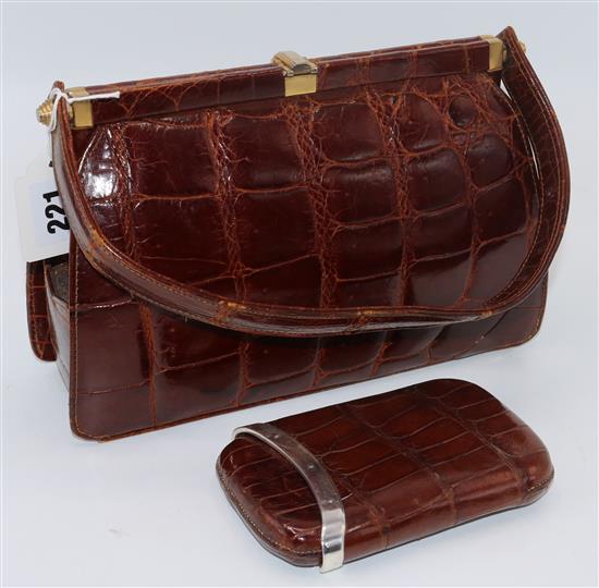 Silver mounted crocodile cigar case & crocodile handbag